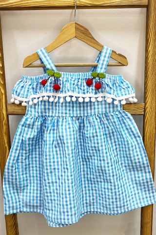 Kız Çocuk Askılı Elbise Dantelli Ekose Desenli B14 Turuncu