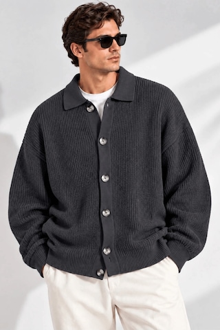 Genıus Store Erkek Hırka Oversize Kalıp Düğmeli Polo Yaka Triko Kazak Çekme/uzama Yapmaz Erkek-hırka Füme