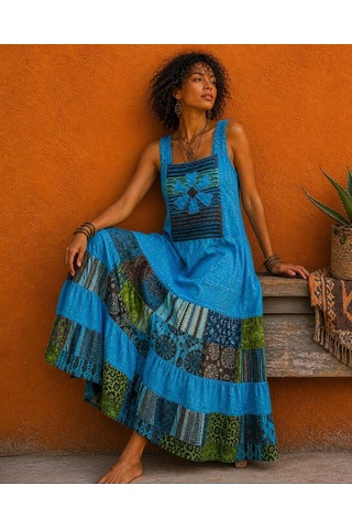 Eren Style Hint Patchwork Solopet Elbise Turkuaz