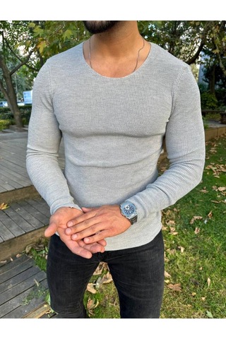 Elku Moda Kazak Örme Tüylenmez Naturel Pamuk Kazak Slim Fit Triko Dar Kesim Body Kazak Gri