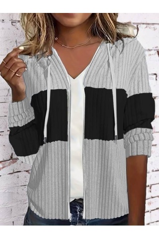 Kadın Uzun Kollu Kapşonlu Önden Fermuarlı Blok Desenli Şardonlu Kaşkorse Ceket Gri