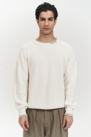 Mai Collection Mai Studios Co. Carter Çift Yaka Detaylı Ekru Erkek Triko Kazak Ekru