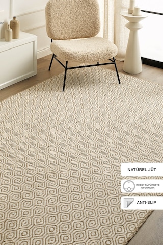 Ocean Home Textile Ekru Renk Karo Desenli Jüt Halı Kilim 120 X 180 Cm