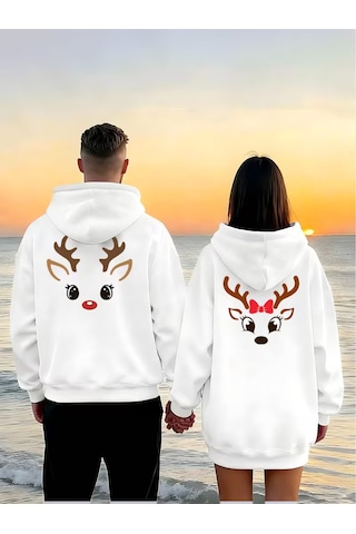 Nevermind Sevgili Çift Kombin Hoodie Geyik Baskılı Oversize Kapüşonlu Sweat Beyaz