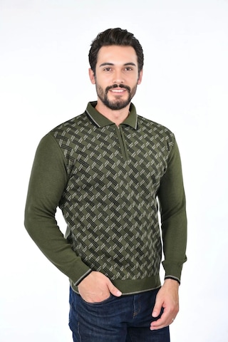 Kamalı Erkek Çelik Örgü Gömlek Yaka Fermuarlı Polo Yakalı Çizgili Desen Tüylenmeyen Triko Kışlık Baba Kazak Haki