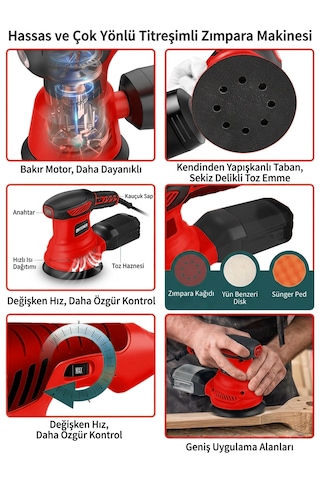 Steiner 700w 6 Kademe Devir Ayarlı 125mm Toz Toplama Sistemli Eksantrik Zımpara Makinesi Kırmızı