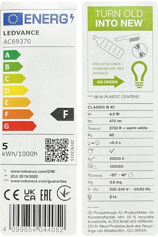 10 Adet Ledvance 4,9w Sarı Işık 2700k E14 Duylu İnce Duy Dim Edilebilir Led Ampul