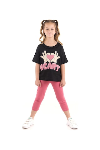 Ahengim Kız Çocuk Takım Heart Baskılı Çocuk Taytlı Alt Üst Takım Trend Pamuklu Ak2518 Siyah