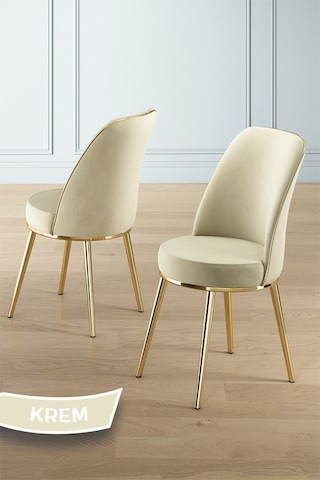 Canisa Concept Prah Serisi 90x160 Lak Panel Beyaz Mermer Desen Gold Ayak Masa Takımı 6 Krem Sandalye Beyaz Mermer Desen Masa Sandalyeler Krem