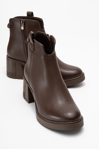 Luvishoes Luvi Shoes Mier Kahverengi Cilt Zincir Detaylı Kadın Kalın Topuklu Bot Kahverengi Deri