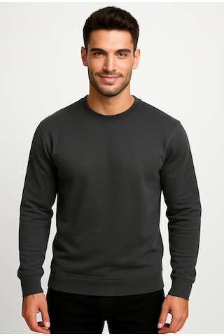 Erkek Antrasit Sweatshirt-W1083-F1 2 İplik Şardonsuz