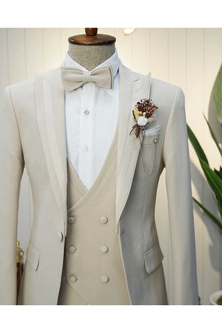 Bys Beystil Erkek Krem Slimfit Yelekli Damatlık & Smokin 20103