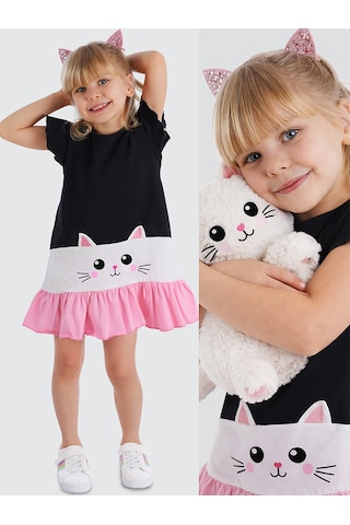 Beyaz Kedi Fırfırlı Kız Çocuk Siyah Yazlık Elbise