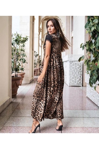 Tua Moda Kadın Leopar Desenli Dantelli Jesica Kumaş Maxi Boy Elbise Leopar