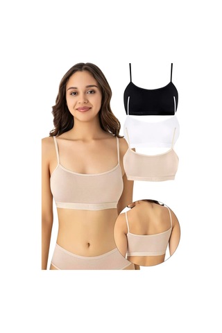 Terrien Sade Tarz Esnek Yapı Moda Kadın Bambu İp Askılı Çıkarılabilir Pedli Büstiyer Renkli 3'lü Paket Çok Renkli
