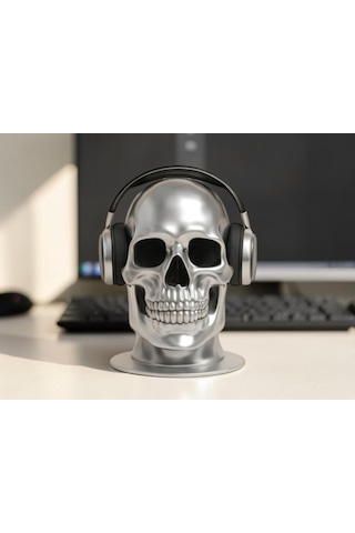 Happy3dworld Kafatası Kulaklık Standı, 3d Baskı Krom Gotik Gaming Aksesuarı