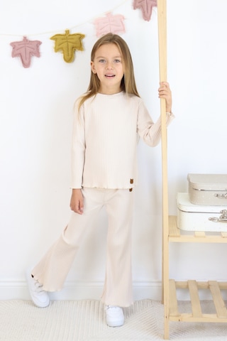 Kız Çocuk İspanyol Paça Fitilli Kumaş Pamuklu Takım Ekru