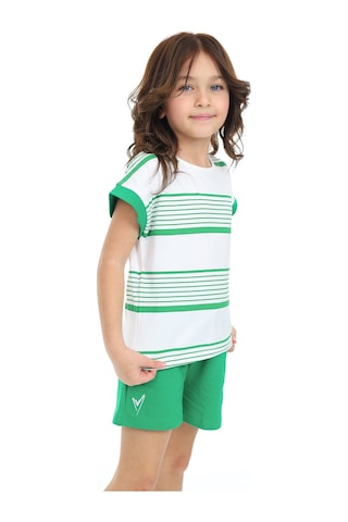 Toontoy Kids Toontoy Kız Çocuk Çizgili Kalp Nakışlı Şortlu Takım Çimen Yeşili