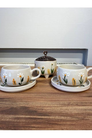 D.papatya Desenli El Yapımı Seramik Fincan, Kupa Seti Ve Şekerlik