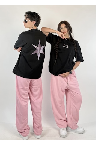 Zaee 2m Motive Taşlı Oversize T-shirt Pembe