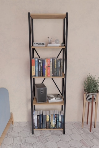 5 Dar Raflı Metal Kitaplık Dekoratif Çok Amaçlı Raf Atlantik Çam