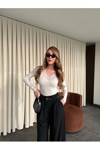 Laluvia Siyah Pileli Bol Paça Pantolon - 4073 Siyah