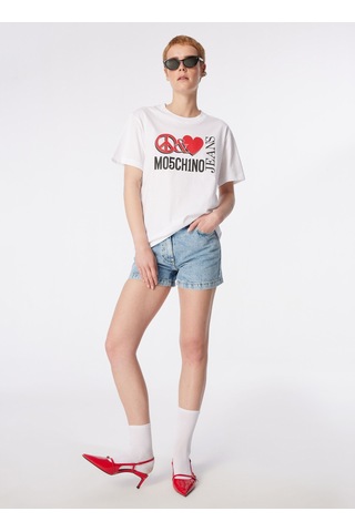 Moschino Jeans Beyaz Kadın Yuvarlak Yaka Baskılı T-shirt 241k1j0709