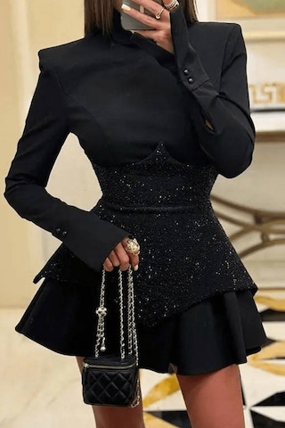 Uzun Kollu Işıltı Mini Elbise - Kristal Elmas Detaylı Kadın S