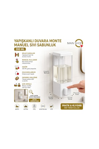 Mainshop 1 Adet Mutfak Banyo Otel Restoran Okul Hastane Uyumlu Şeffaf Hazneli Yapışkanlı Sabunluk 350 Ml M-53 Beyaz