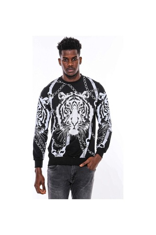 Wessi Siyah Taşlı Baskılı Bisiklet Yaka Sweatshirt Siyah