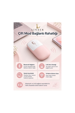 Şarjlı Kablosuz Pembe Mouse Bluetooth + 2.4g Çift Modlu Type-c Şarjlı Sessiz Tuşlu Ergonomik Optik 1200/1600 Dpı Taşınabilir Mouse Çok Renkli Diğer