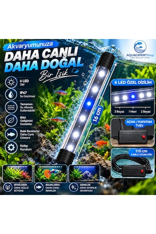Akvaryum Işığı - Balık Işığı - Tamamen Su İçinde Kullanılabilir - 16 Cm - 6 Led - Mavi Beyaz - Açma Kapatma Tuşlu - 3w - Güçlü Işık