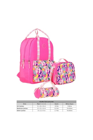 Kaukko Double Stripe Kız Çocuk İlkokul Üçlü Okul Çantası Seti - Pembe - Yaprak Desenli Pembe