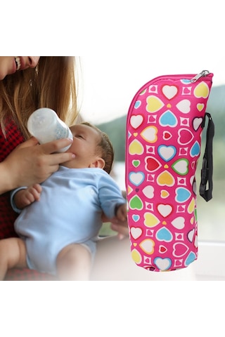 Qingmipy Bebek Biberon Isıtıcı Çantası - 3-4 Saat Isı Tutma, 350ml Kapasite, Bebek Arabasına Asılabilir, Nylon Malzeme Gül Kurusu