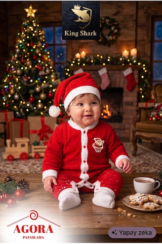 Kingshark King Shark Kız Bebek Noel Baba Yılbaşı Kostümü, Şapkalı Kırmızı Yeni Yıl Tulum Seti