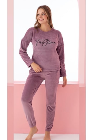 Farya Home Luxury Velvet Fransız Kadife Yazı Detaylı Pijama Takımı Lila