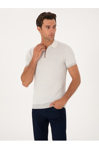 Açık Gri Slim Fit %100 Pamuk Fermuarlı Polo Yaka Triko T-shirt
