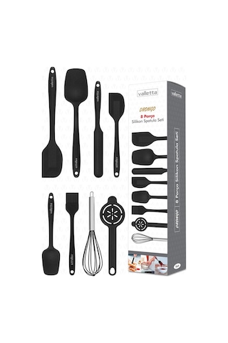 Valletta Drongo Isıya Dayanıklı Yanmaz Yapışmaz Silikon Spatula Seti 8 Parça Siyah
