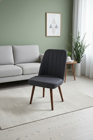Nora 6 Adet Sandalye - Keten Kumaşlı Sandalye Modern Ahşap Ayaklı Yemek & Çalışma Sandalyesi Minimal Tasarım Antrasit
