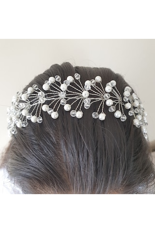 Beyaz Renk Incili Ve Kristal Boncuklu Gelin Tacı (549117933)
