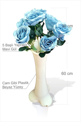 Büyük Uzun 5 Başlı Mavi Gül 60 Cm Kırılmaz İnce Belli Beyaz Vazo
