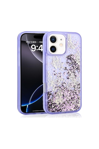 Zore Apple iPhone Uyumlu 12 Kılıf Sıvılı Simli Kelebek Baskılı Şeffaf Arka Yüzey Ogaa Glis Silikon Kapak - Mor