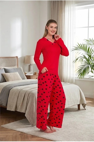 Go İthalat Kadın Şık Tasarım Desenli Geniş Paçalı Yumuşak Dokulu Viskon Kumaş V Yaka 2'li Pijama Takımı Kırmızı
