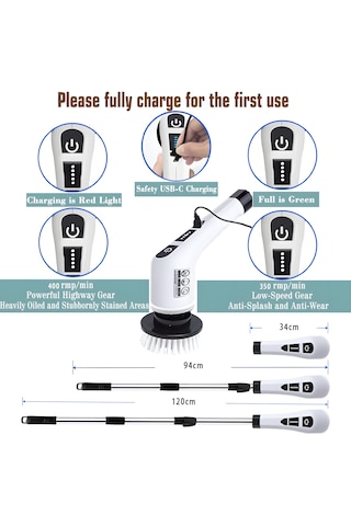 Cevval Jy-6010 Elektrikli Spin Scrubber - 7 Başlıklı Teleskopik Saplı Turbo Temizlik Fırçası Banyo, Mutfak, Araç Uyumlu