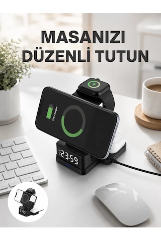Kablosuz Şarjlı Dijital Masa Saati 3 Parlaklık Seviyeli Led Hızlı Şarj Apple Uyumlu Yeni Nesil Diğer