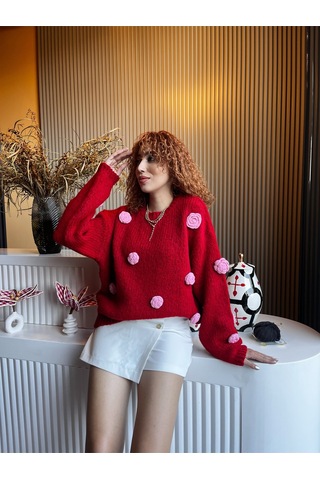 Qoolest Kadın Yünlü Saks Mavi Bisiklet Yaka 3d Papatya Kabartmalı Yumoş Dokulu Oversize Trend Triko Kazak Kırmızı