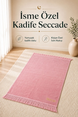 Kişiye Özel İsim Nakışlı Kadife Seccade Ve İsimli Kadife Yasin Seti Pembe