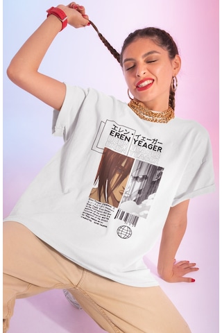 Tasarım Eren Yeager Attack On Titan Baskılı Unisex Oversize Anime Beyaz