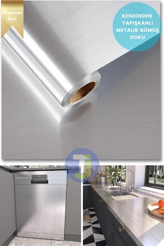 Technojet Kendinden Yapışkanlı Metalik Folyo Mutfak Banyo Tezgah Duvar Dolap Masa Kaplama 60cmx300cm Silver