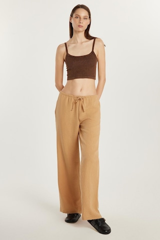 Tudors Kadın Regular Fit Beli Bağlamalı Keten Geniş Paça Bej Pantolon-33416 Bej